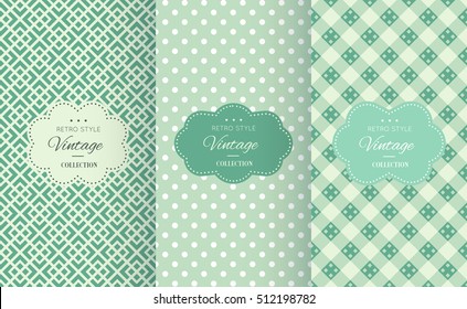 Retro mint and emerald vector seamless patterns. Endless texture can be used for wallpaper, pattern fills, web page background, surface textures. Set of shabby vintage geometric ornaments.