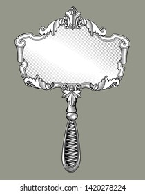 Retro mirror with decorative frame and handle. Vintage engraving stylized drawing. Vector Illustration