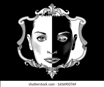 Retro mirror with a decorative frame and a positive and negative reflection of a woman's face. Vintage engraving stylized as a drawing. Vector illustration.