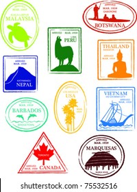 Retro Miscellaneous World Set Of Fun Country Passport Stamps Vector Illustration