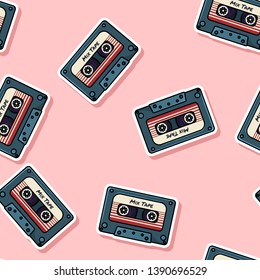 Retro mix tape stickers seamless pattern. Texture labels background