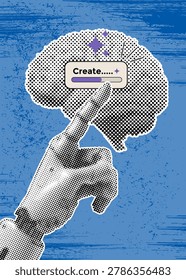 Retro Mixed Media Collage of Robot Hand Pointing to AI Create Button with Halftone Brain Vector Illustration
