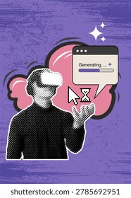 Retro Mixed Media Collage of VR Headset and AI Content Generation Interface with Pixel Cursor Vector and Trendy Halftone Collage