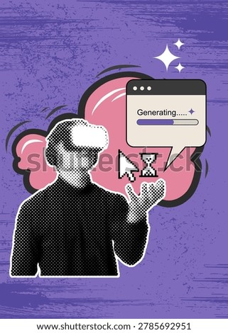 Retro Mixed Media Collage of VR Headset and AI Content Generation Interface with Pixel Cursor Vector and Trendy Halftone Collage