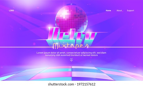 Retro mixtape banner with dance floor and disco ball. Club party with music of 80s and 90s. Vector landing page with cartoon illustration of nightclub checkered stage illuminated by spotlights