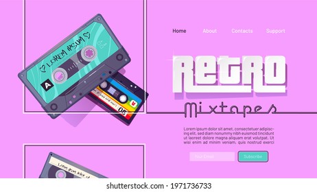 Retro mixtape banner with vintage audio cassettes with pop and rock music of 80s and 90s. Vector landing page with flat illustration of old audio tapes, stereo music cassettes