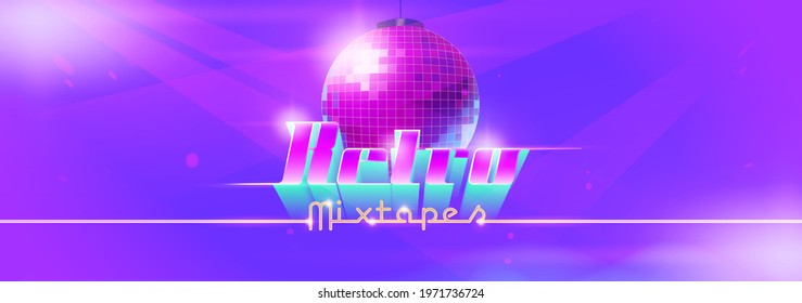 Retro mixtape dance banner with disco ball. Club party with music of 80s and 90s. Vector landing page with cartoon illustration of nightclub illuminated by spotlights