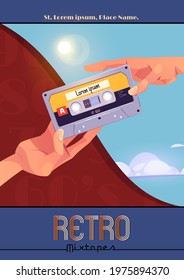 Retro mixtape poster with hands holding vintage audio cassette. Mix of pop and dance music of 80s. Vector banner with cartoon illustration of exchange or present old audio tapes