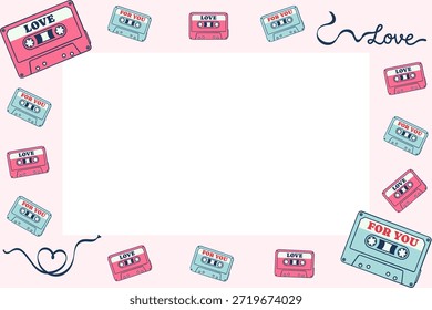 Retro Mixtape Valentinstag Rahmen mit Kopienraum. Hintergrund mit Kassettenbändern mit Band, die Herzform und Liebeswort bilden. Vektor flache Design-Rahmen für 90er Nostalgie Grußkarte.