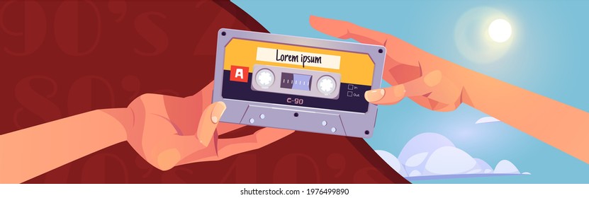 Retro mixtapes cartoon banner with human hands giving audio cassettes to each other. Music collection of eighties or nineties ages. Mix tapes media storage, vintage analog devices, Vector illustration