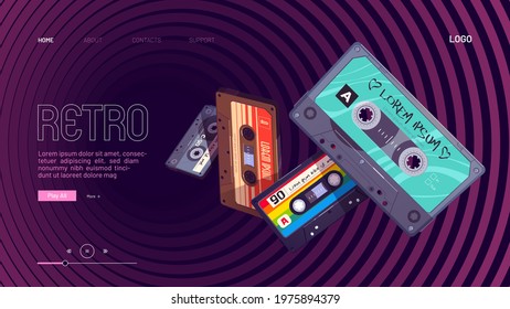 Retro mixtapes cartoon landing page with audio mix tapes falling into hypnotic pattern. Cassettes, media or music store ad in vintage style, analog multimedia devices, Vector illustration