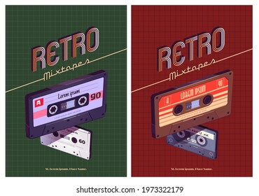 Retro mixtapes cartoon poster with audio mix tapes. Cassettes, media or music store ad in vintage style, analog multimedia devices, Vector illustration