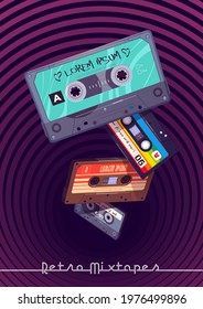 Retro mixtapes cartoon poster with audio mix tapes falling into deep hole with hypnotic pattern. Cassettes, media or music store ad in vintage style, analog multimedia devices, Vector illustration