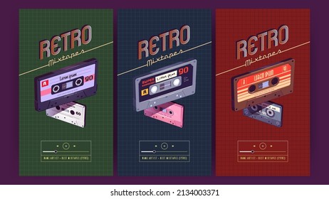 Retro mixtapes posters with old audio cassettes. Vector vertical ad banners with flat illustration of vintage audio tapes, stereo cassettes with pop and rock music of 80s and 90s