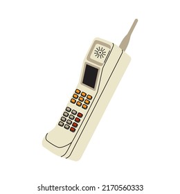 Retro mobile cellphone from 80s. Wireless device with buttons and antenna. Hand drawn vector illustration isolated on white background. Modern flat cartoon style.