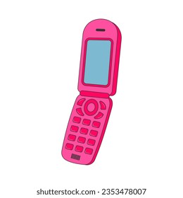 Retro mobile phone from 90s-2000s. Y2k trendy flip phone. Old pink mobile phone sticker.
