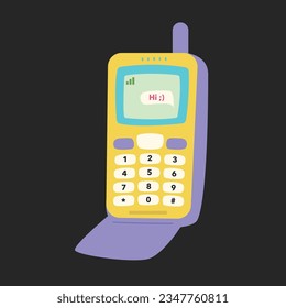 Retro mobile phone device. Mobile phone with buttons. Cute and stylish from 90s. Hand drawn vector illustration. Vintage electronic. Flip phone
