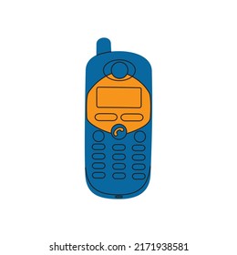 Retro mobile phone. Electronic wireless communication device. Hand drawn vector illustration isolated on white background. Modern flat cartoon style.
