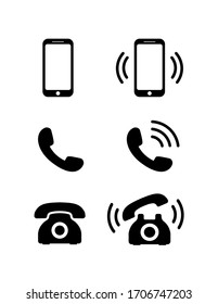 Retro and mobile phone icon set. Black phone symbols in flat style. Ringing phone signs isolated on white background.  