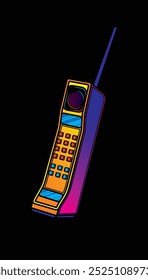 Telefone celular retrô com uma antena longa. Ilustração vetorial original em estilo vintage. Desenhado à mão, não com IA