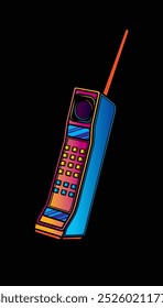 Telefone celular retrô com uma antena longa. Ilustração vetorial original em estilo vintage. Desenhado à mão, não com IA