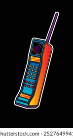 Telefone celular retrô com uma antena longa. Ilustração vetorial original em estilo vintage. Desenhado à mão, não com IA