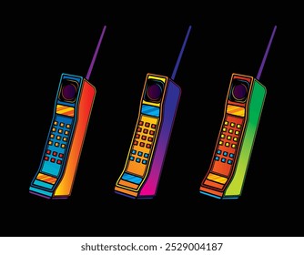 Telefone celular retrô com uma antena longa. Ilustração vetorial original em estilo vintage. Desenhado à mão, não com IA