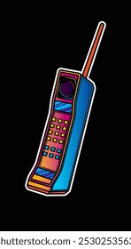 Telefone celular retrô com uma antena longa. Ilustração vetorial original em estilo vintage. Desenhado à mão, não com IA