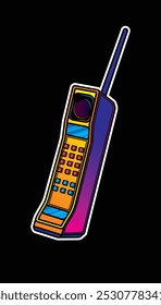 Telefone celular retrô com uma antena longa. Ilustração vetorial original em estilo vintage. Desenhado à mão, não com IA