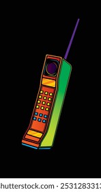 Telefone celular retrô com uma antena longa. Ilustração vetorial original em estilo vintage. Desenhado à mão, não com IA