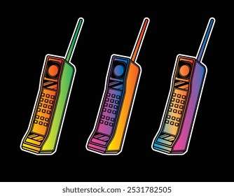 Telefone celular retrô com uma antena longa. Ilustração vetorial original em estilo vintage. Desenhado à mão, não com IA