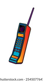 Telefone celular retrô com uma antena longa. Ilustração vetorial original em estilo vintage. Desenhado à mão, não com IA