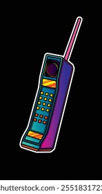 Telefone celular retrô com uma antena longa. Ilustração vetorial original em estilo vintage. Desenhado à mão, não com IA