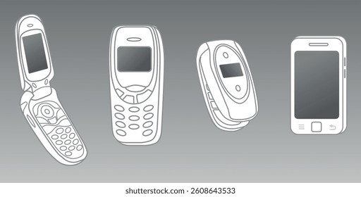 Retro Mobile Phones and Modern Smartphone. A grayscale digital illustration showcasing a timeline of mobile phones, from early button phones to a modern touchscreen smartphone.