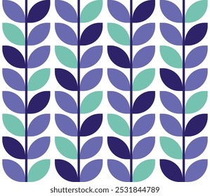 Mod retro deixa muito peri padrão vetor roxo. Estilo de meio século caules geométricos pervincar roxo menta verde padrão sem emenda.