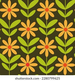 Retro Mod orangefarbene Blumen mit Kalkgrün Blättern nahtlose Muster auf dunklem Hintergrund. Für Stoffe, Textilien und Wohnungsdekoration