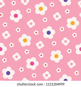 Retro Mod Style Simple Cream Daisy Flowers On Pink Background Vector Seamless Pattern. Clean Abstract Floral Print