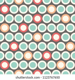 Retro Mod Vector Seamless Polka Dot Pattern in Blue, Red, Orange on Beige Background. Stylish Graphic Abstratc Print