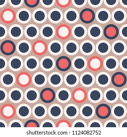 Retro Mod Vector Seamless Polka Dot Pattern in Dark Blue, Red, Cream on Beige Background. Stylish Graphic Abstratc Print