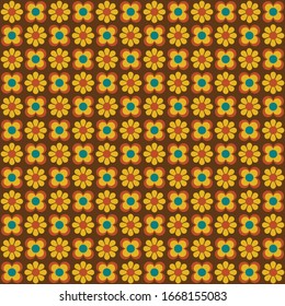 Retro Mod Yellow Brown Flowers Seamless Vector Pattern