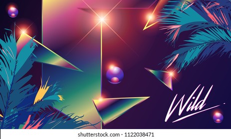 Retro / modern 1980 chrome rainbow element background with tropical palm leaf and sample text