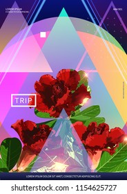 Retro / modern 1980's inspired, Adenium flower and space triangle elements background template