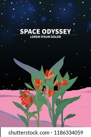 Retro, modern 1980's inspired, tropical Canna lily flower and space background. nostalgia feeling