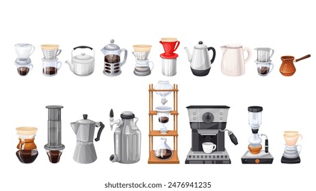 Retro and modern cartoon coffee makers set. Turkish cezve and Italian stovetop espresso maker pot, chemex and professional coffee machine. Cartoon barista devices collection vector illustration