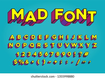 Retro but Modern Colorful Font, Alphabet, Numbers and Symbols. Vector.