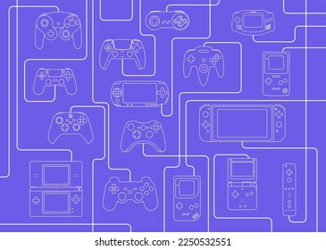 Control de juegos retro y moderno Diseño de huella dactilar con cable. Fondo de la consola técnica de próxima generación y de la vieja.
