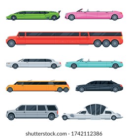 Retro and Modern Limousine Cars Collection, Elegant Premium Luxurious Limo Vehicles, Side View Flat Vector Illustration