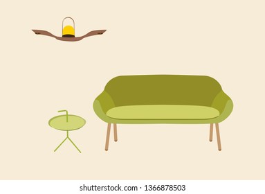 Retro Modern Mid Century Lime Color Loveseat Or Apartment Couch With Round Green Metal Table And Light Lamp On Wooden Shelf On Bright Wall