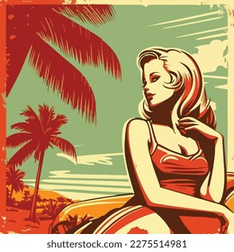 Retro modern, pin-up girl, beach, palm tree. flat vector