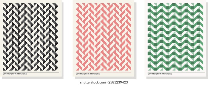 Retro Modern poster set featuring contrasting triangle patterns in black, pastel pink, and green tones. Perfect for contemporary decor, graphic design, and creative projects.